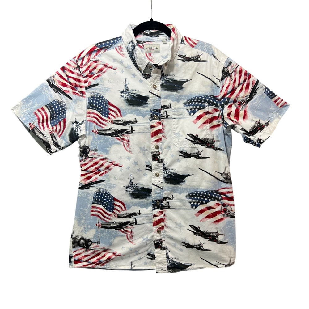 American Legacy Patriotic USA Flag Mens M Airplane‎ Print Button Front Shirt